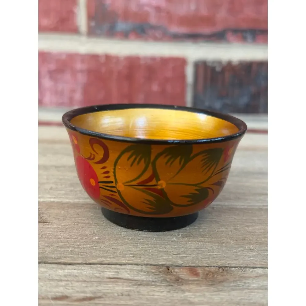 Vintage Russian Khokhloma Mini Wood Bowl Salt Cellar Folk Art